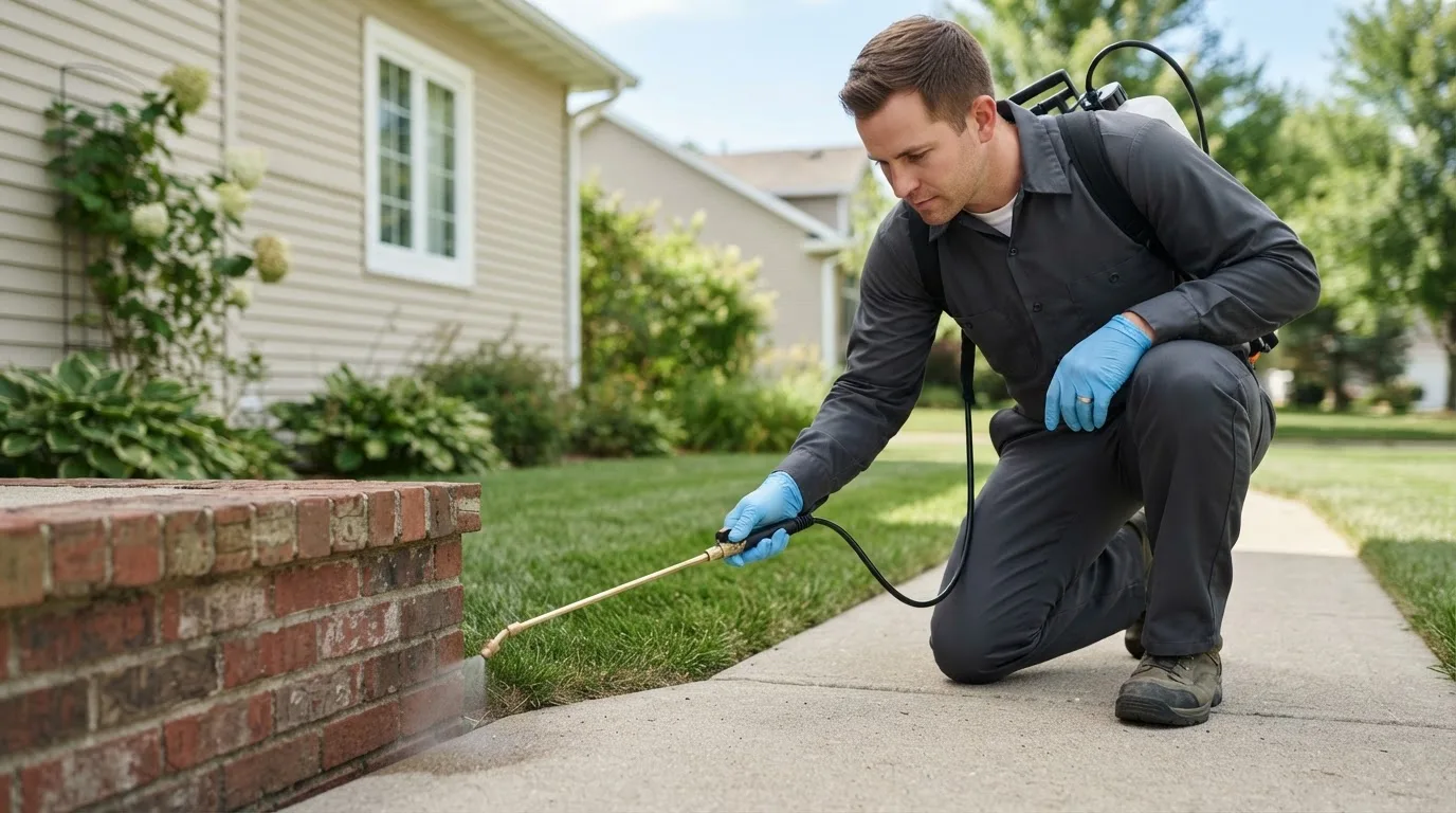 Pest control technician treating a home near Magna, UT